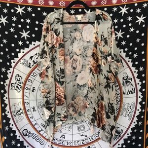 Sheer and Velvet Rose Kimono with Tassles